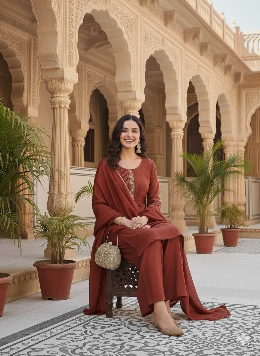 Brown Embroidered Peplum Top with Sharara Set