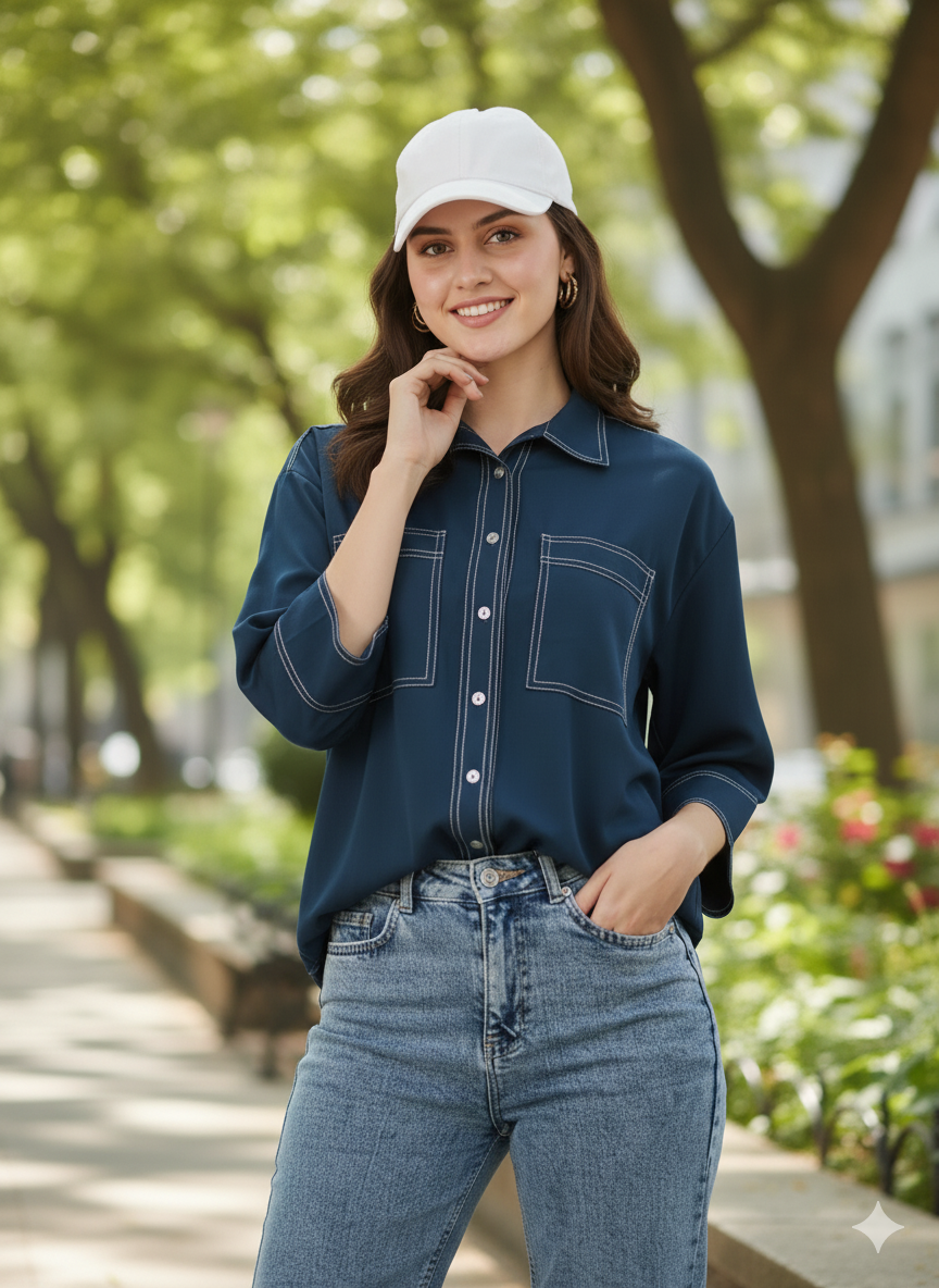 Navy Blue Crepe Plain Regular shirt for woman