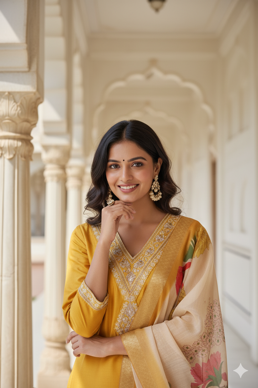 Yellow Chinon embroidered Straight kurta Set