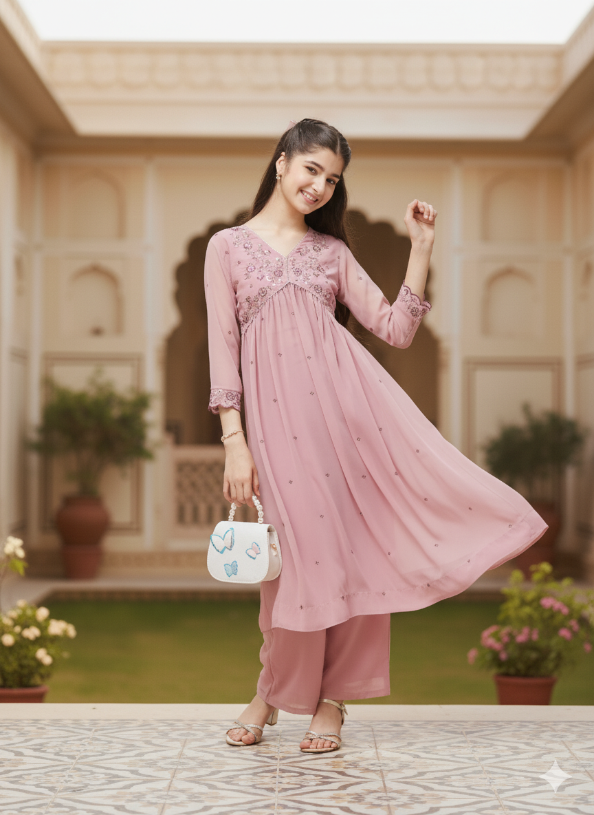 Pink Georgette Embroidered Kurta & Pant Set for Girls