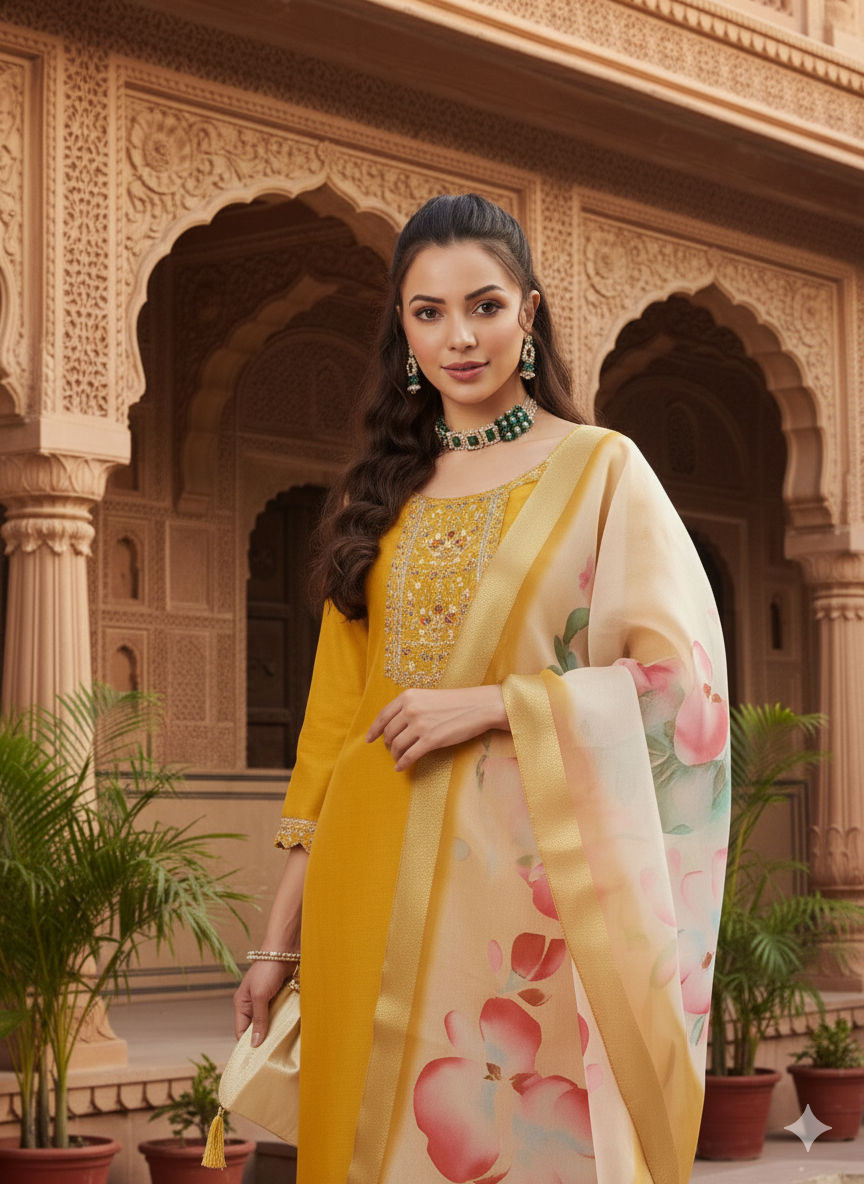 Mustard Yoke Design Chinon Straight Suit With Printed Dupatta