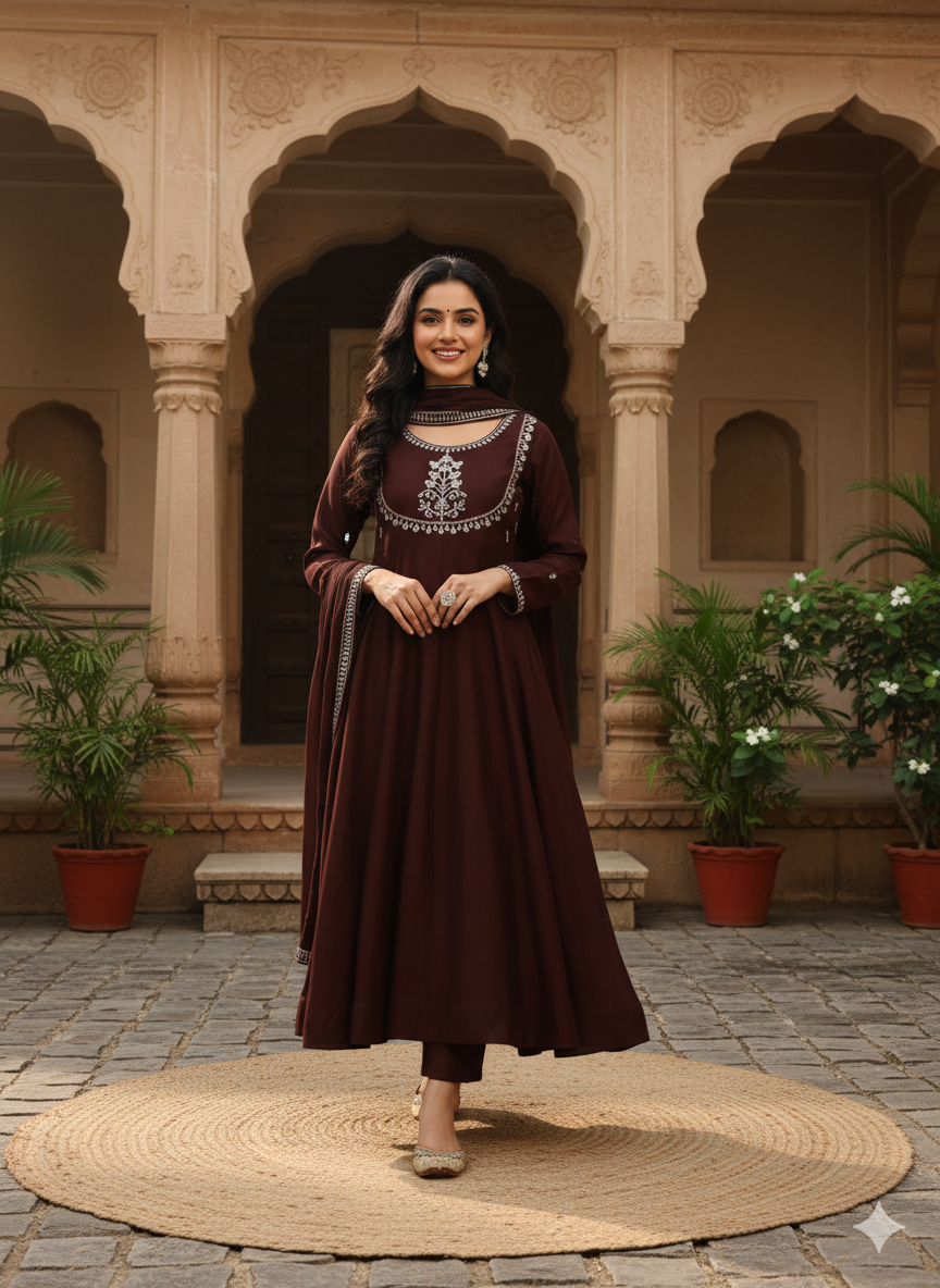 Coffee Embroidered Silk Anarkali Kurta With Dupatta Set