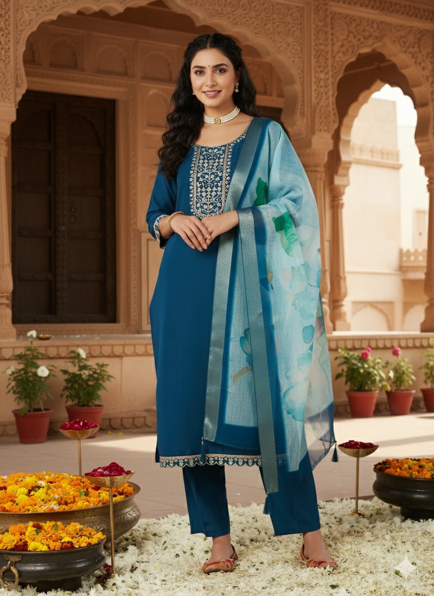 Teal Blue Yoke Design Chinon Straight Suit With Printed Dupatta