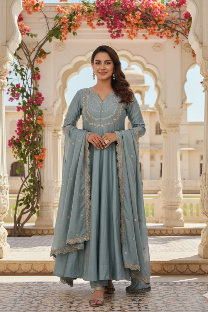 Sky Blue Embroidered Silk Blend Anarkali Kurta With Dupatta Set