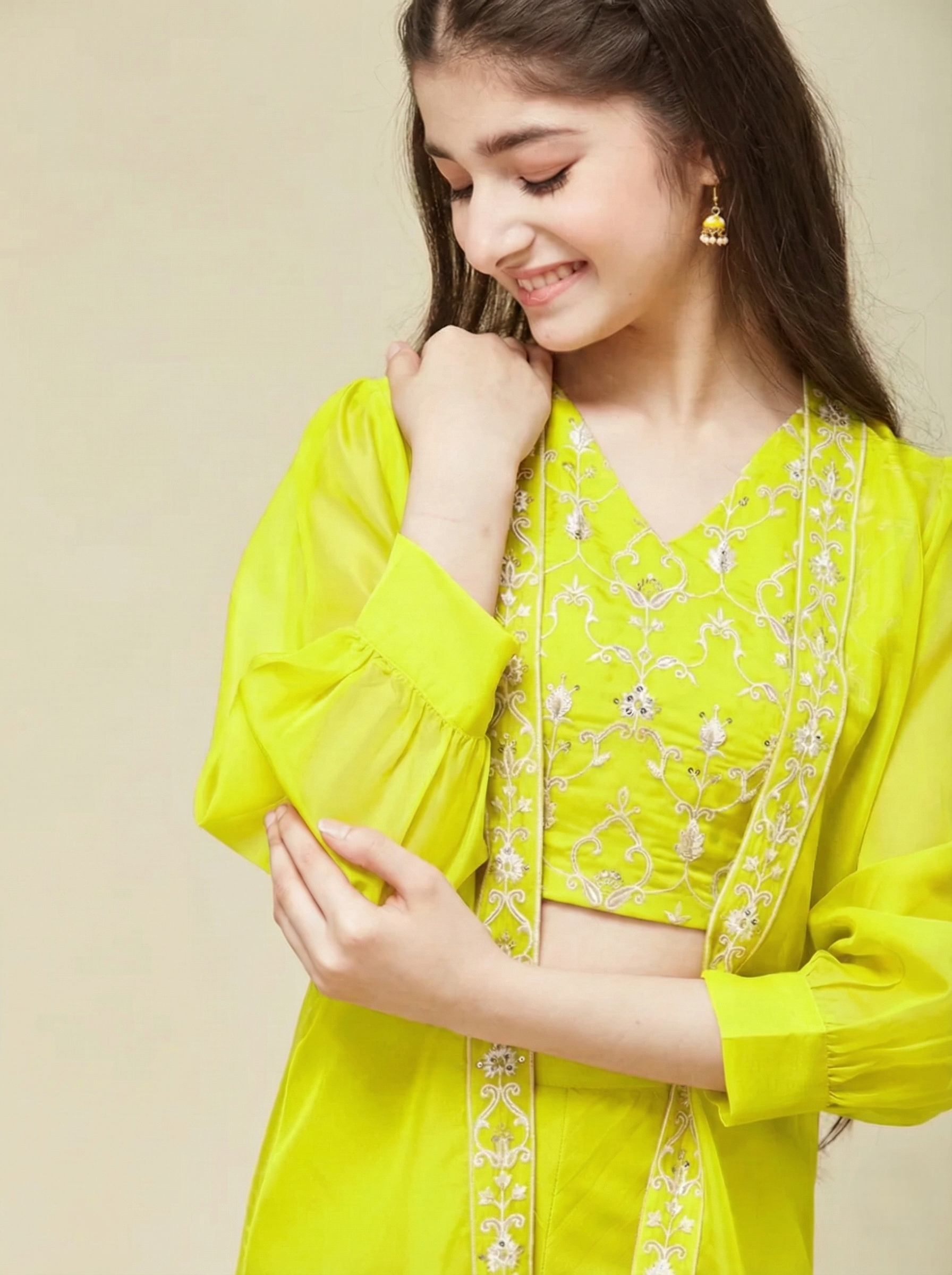 Girl's Neon cotton Embroidered Top, Palazzo Shrug Set