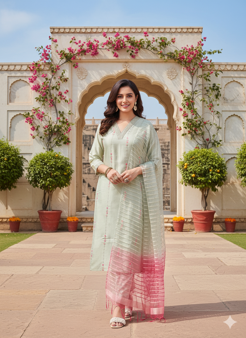 Grey Embroidered Silk Kurta with Dupatta Set