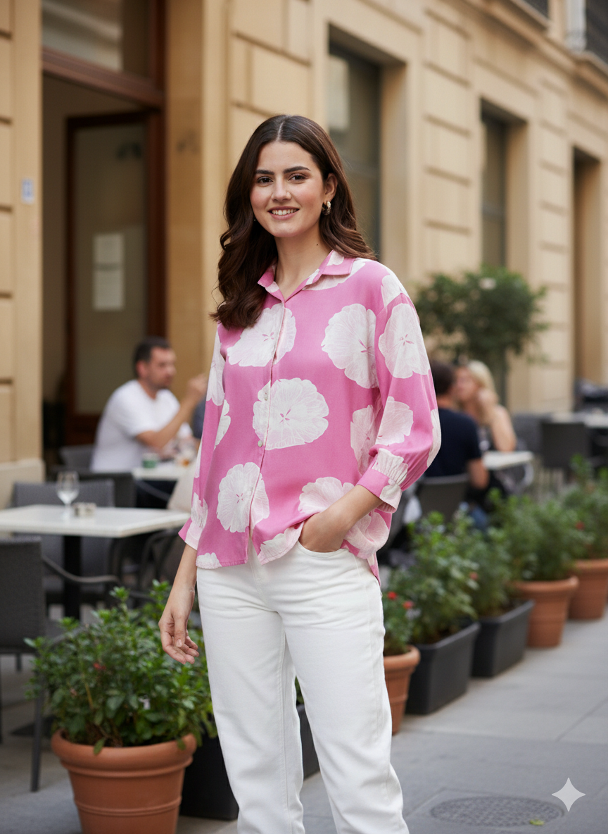 Pink Rayon Print Regular Full Sleeve Shirt