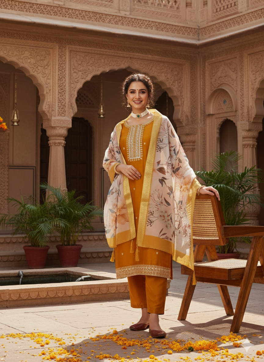 Mustard Embroidered Chinon Straight Suit With Printed Dupatta