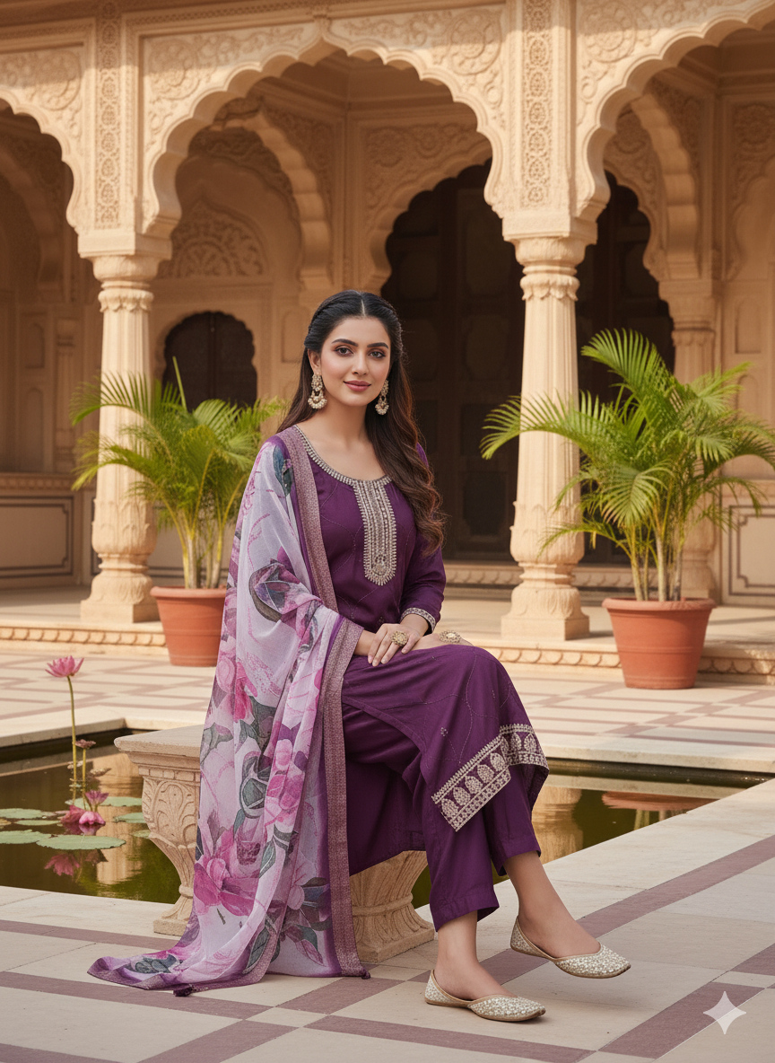 Wine Yoke Design Chinon Straight Kurta Set with Dupatta