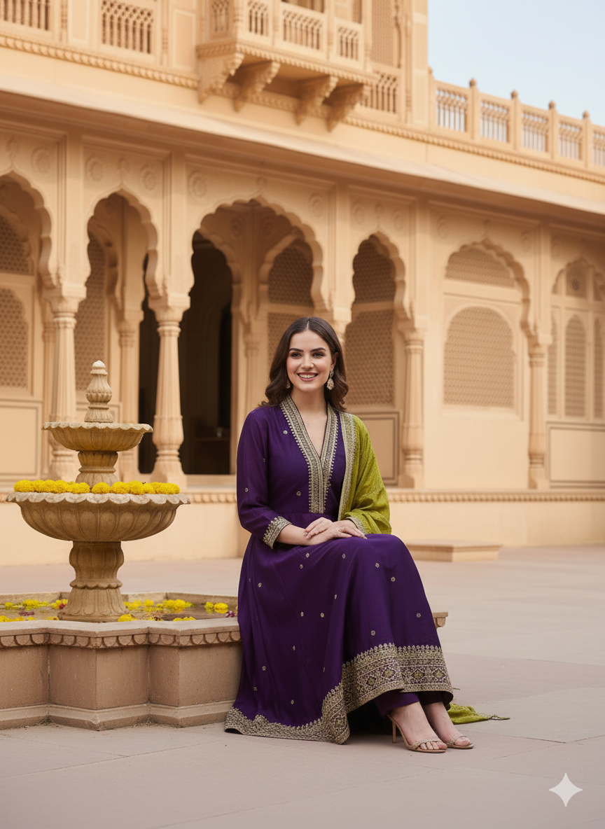 Violet Embroidered Silk Anarkali Kurta With Dupatta Set
