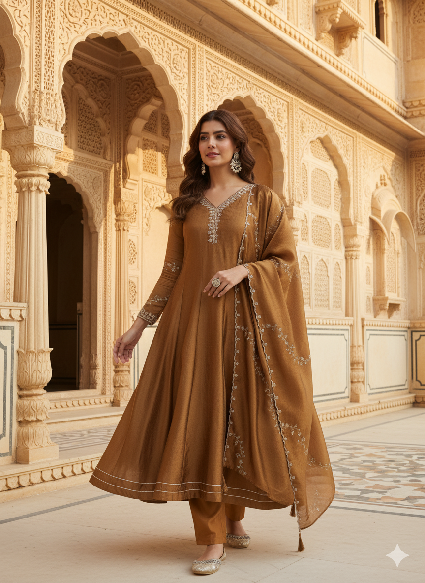 Golden Silk Embroidered Anarkali Kurta with Dupatta Set