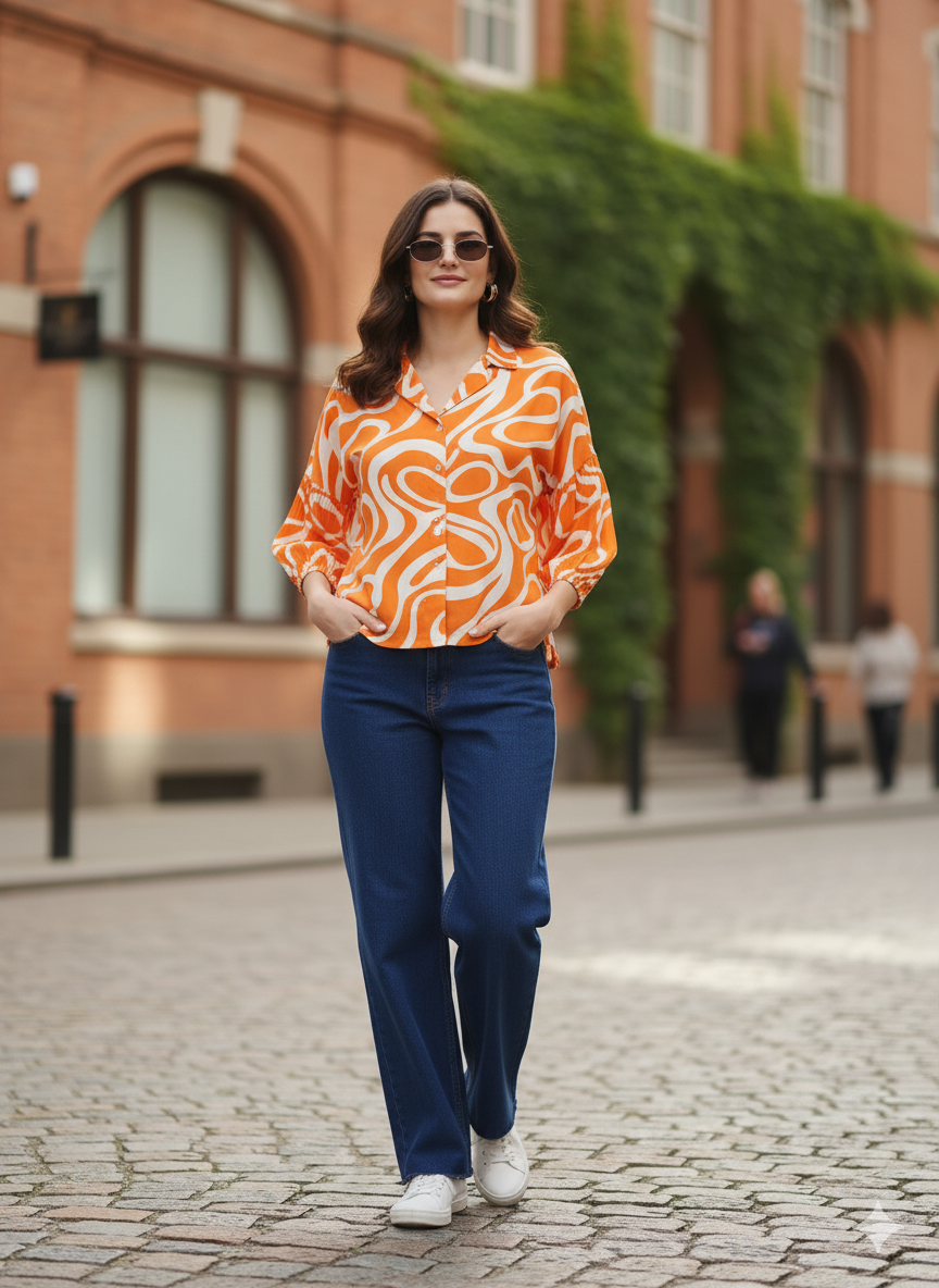 Women's Orange Rayon Printed Regular Shirt