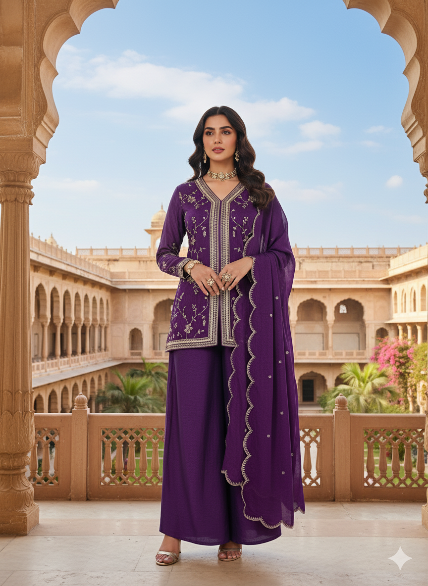 Violet Embroidered Peplum Top with Sharara Set