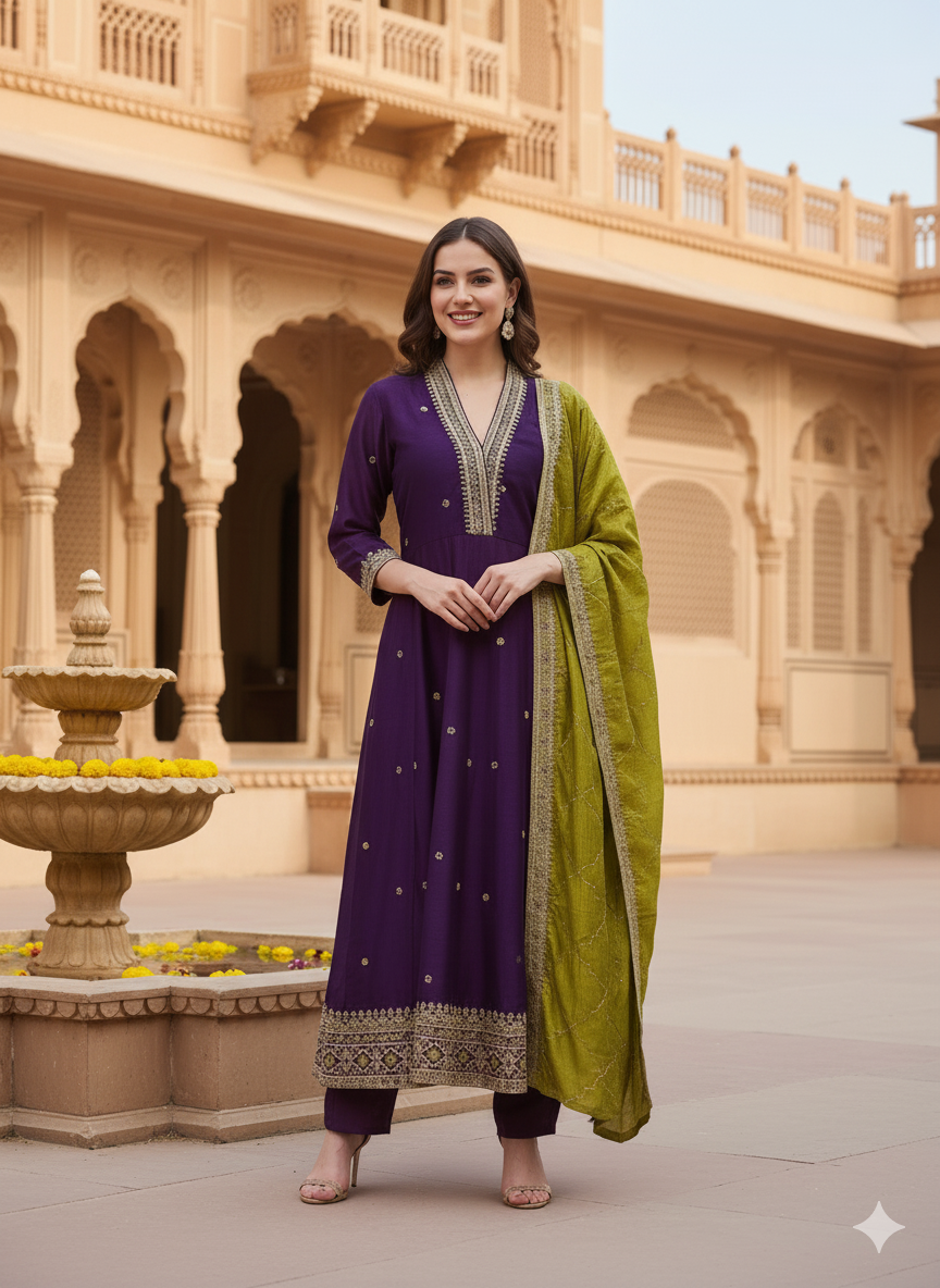 Violet Embroidered Silk Anarkali Kurta With Dupatta Set