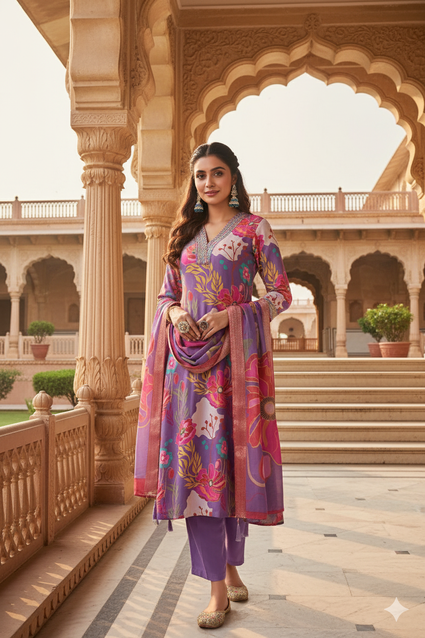 Lavender Embroidered Muslin Kurta Duppta Set