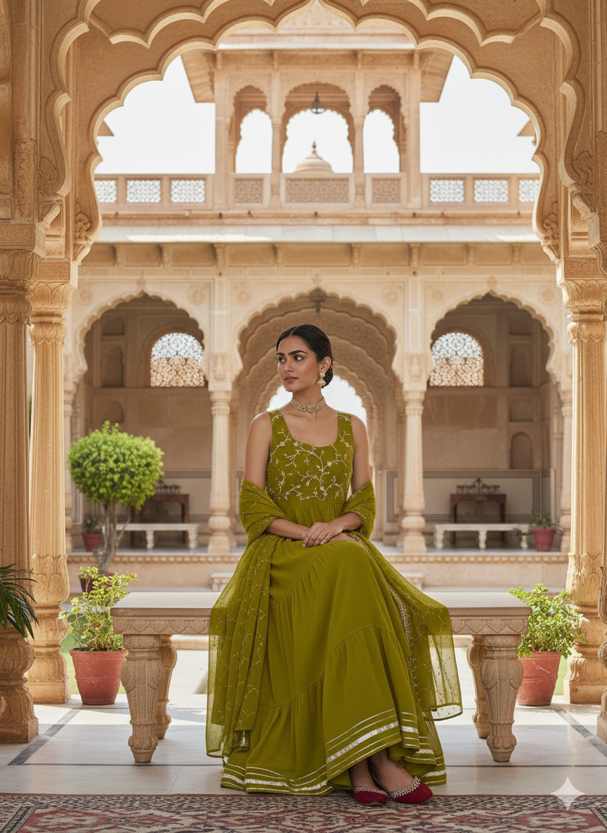 Green Embroidered Tiered Anarkali Kurta with Dupatta set