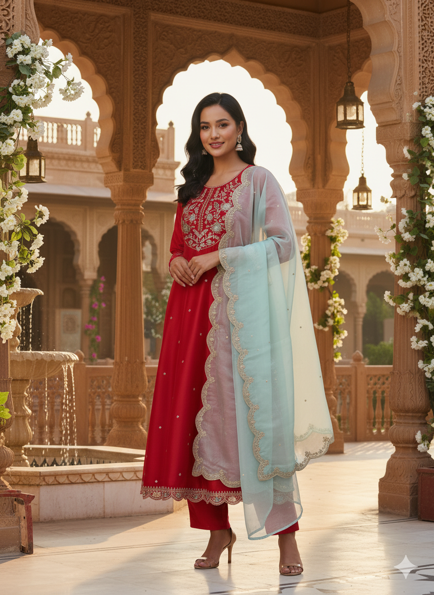 Red Embroidered Anarkali Kurta With Dupatta Set