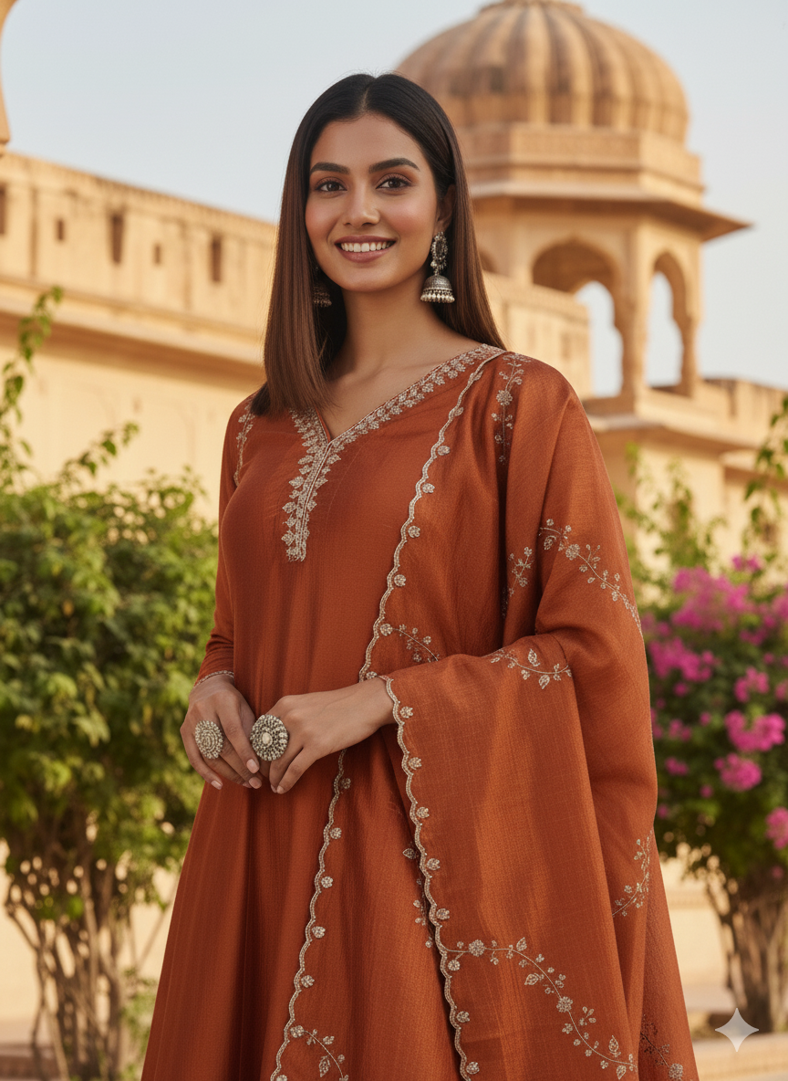 Rust Silk Embroidered Anarkali Kurta with Dupatta Set