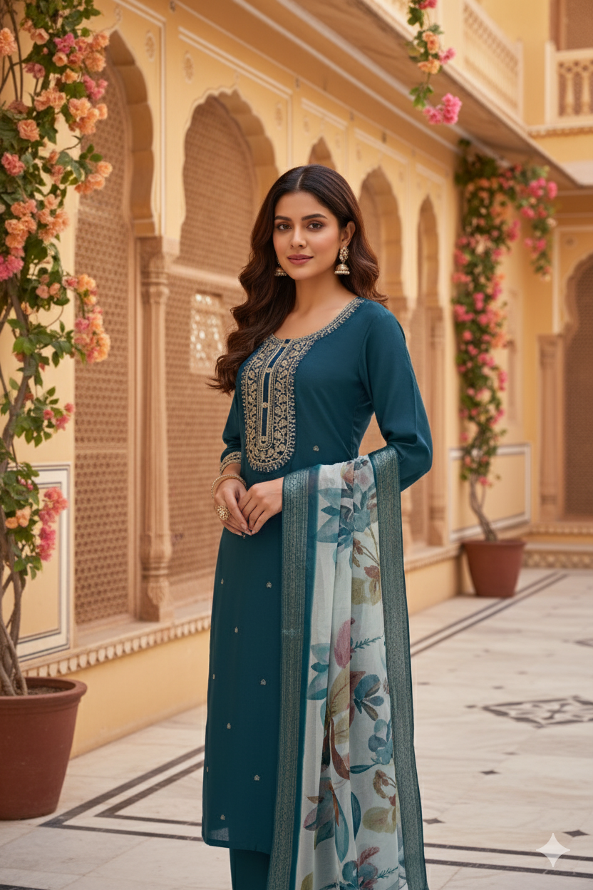 Teal Chinon Kurta Duppta Set with neck patch work