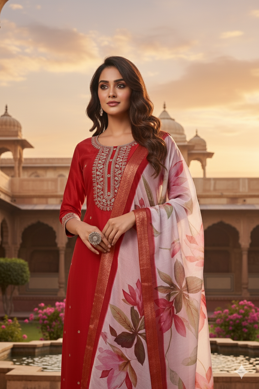 Red Chinon Kurta Duppta Set with neck patch work