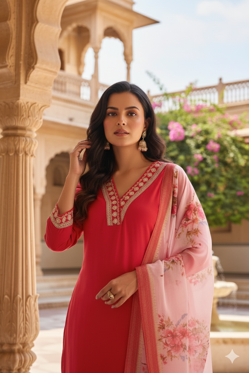 Rani Embroidered Chanderi Viscose Straight Suit With Dupatta