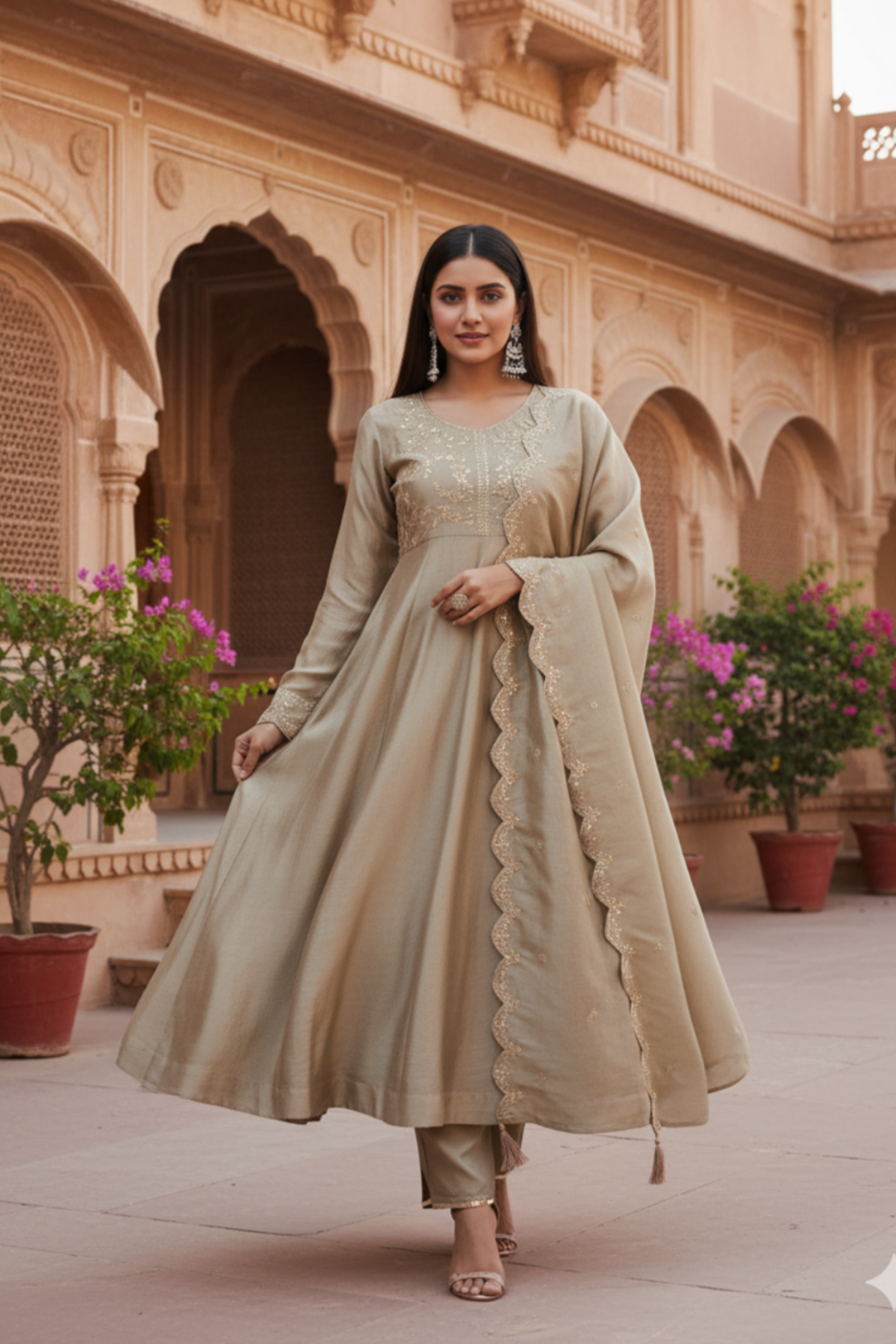 Grey Silk Embroidered Anarkali Kurta And Dupatta set