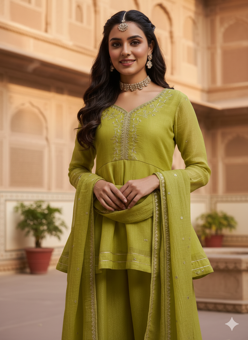 Neon Embroidered Peplum Top with Sharara Set