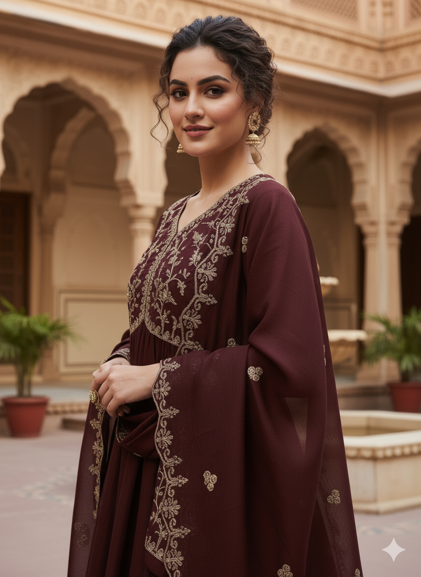 Coffee Embroidered Silk Blend Anarkali Kurta Set with Dupatta