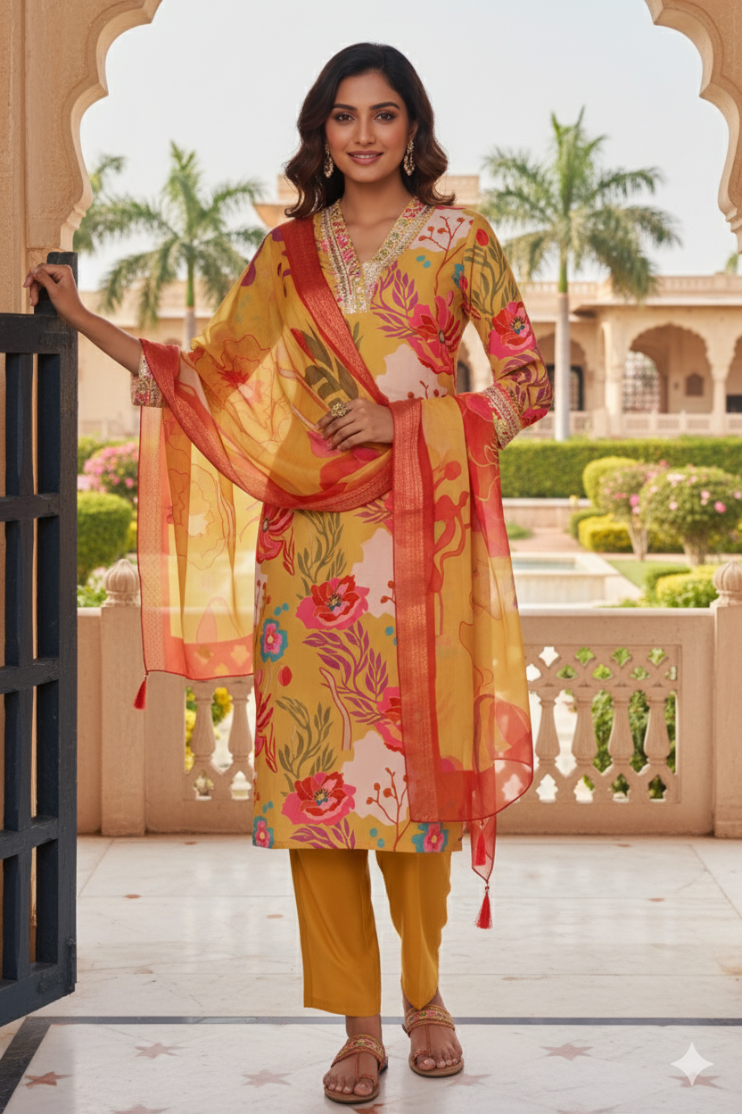 Yellow Embroidered Muslin Kurta Duppta Set