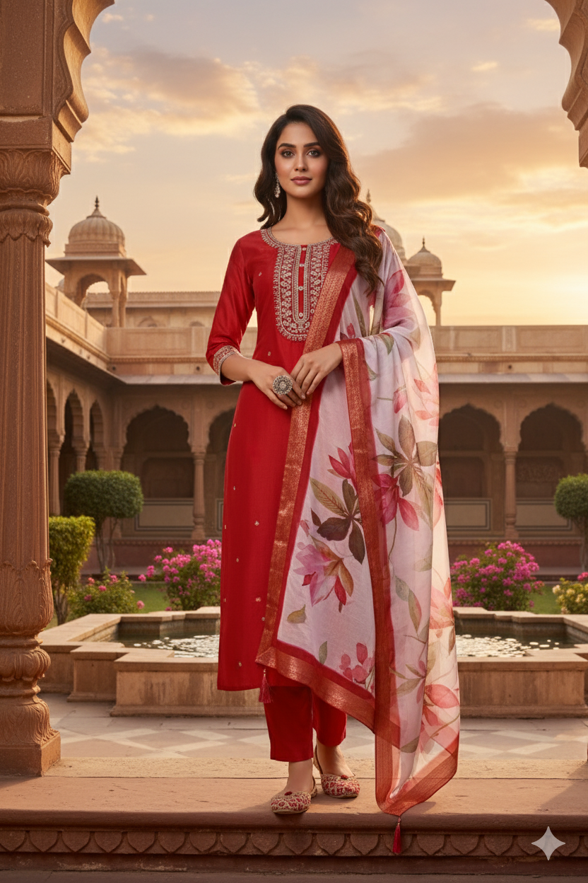 Red Chinon Kurta Duppta Set with neck patch work