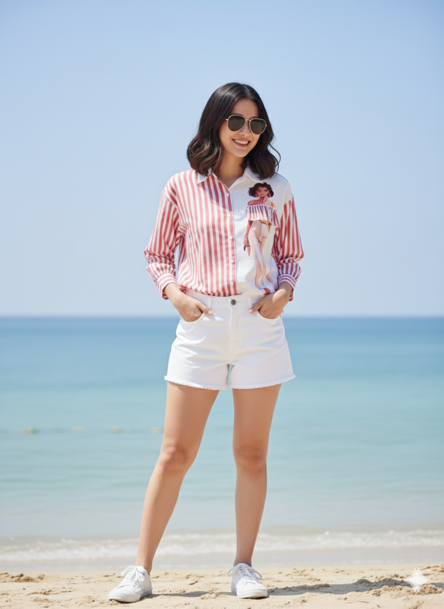 Pink Striped & Graphic Print Cotton Shirt for Women