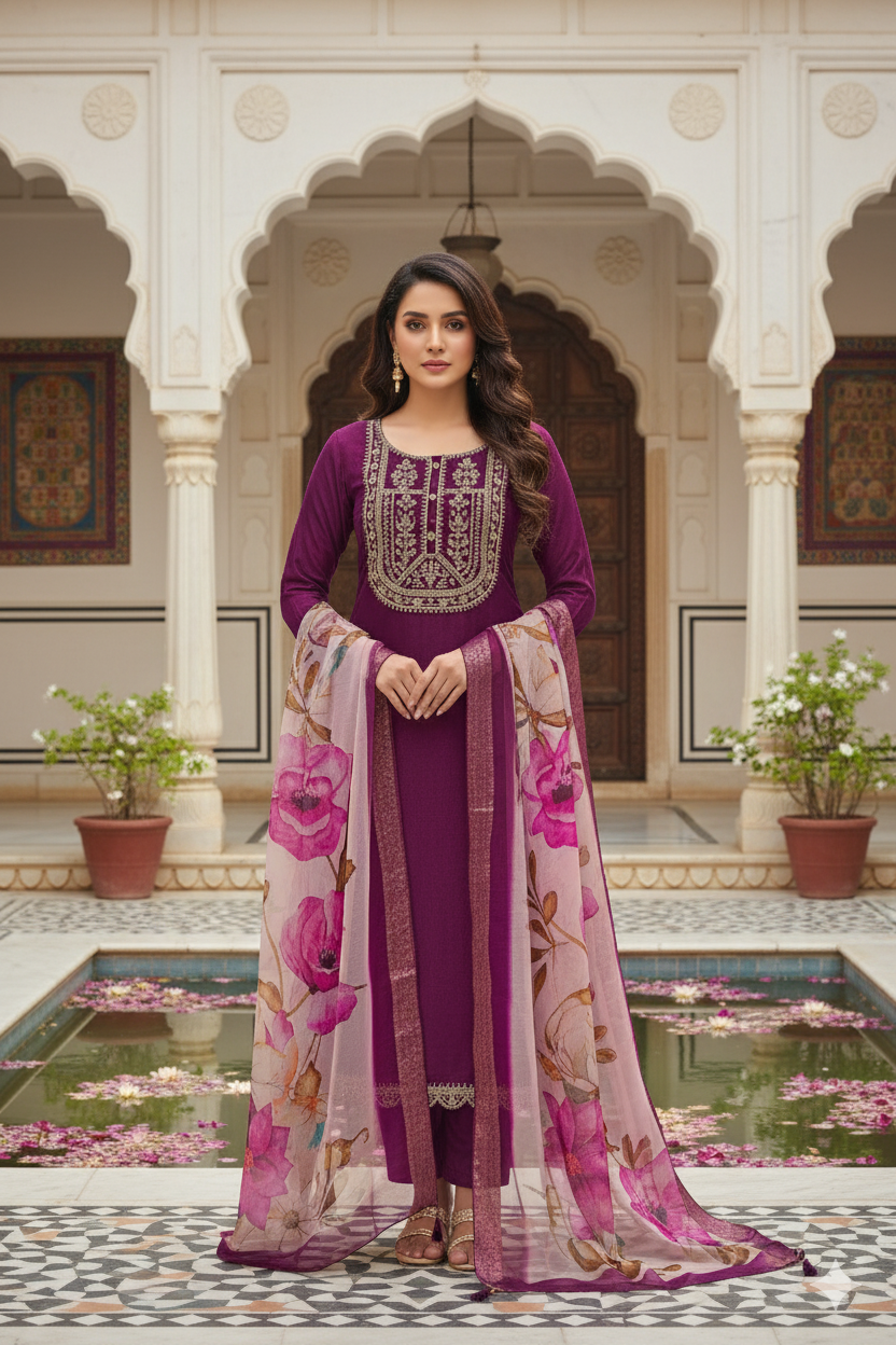 Wine Self Design Chinon Straight Kurta With Printed Dupatta