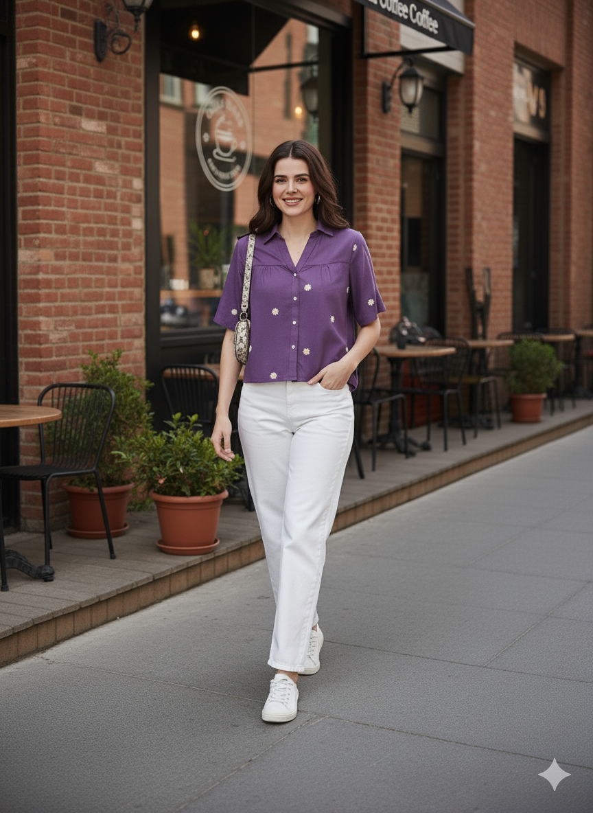 Women's Dark Purple Rayon Embroidered Oversize shirt