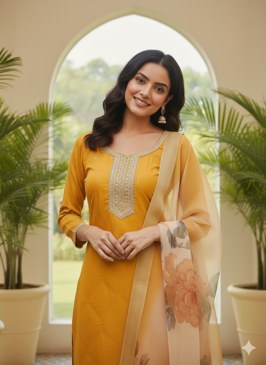 Mustard Yoke Design Chinon Straight Kurta Set with Dupatta