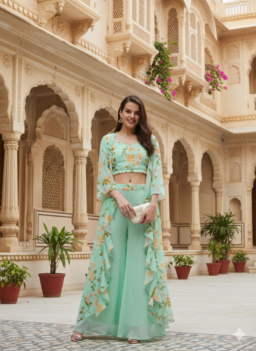 Mint Handwork Taby Palazzo & Crop-Top Set with Layered Shrug