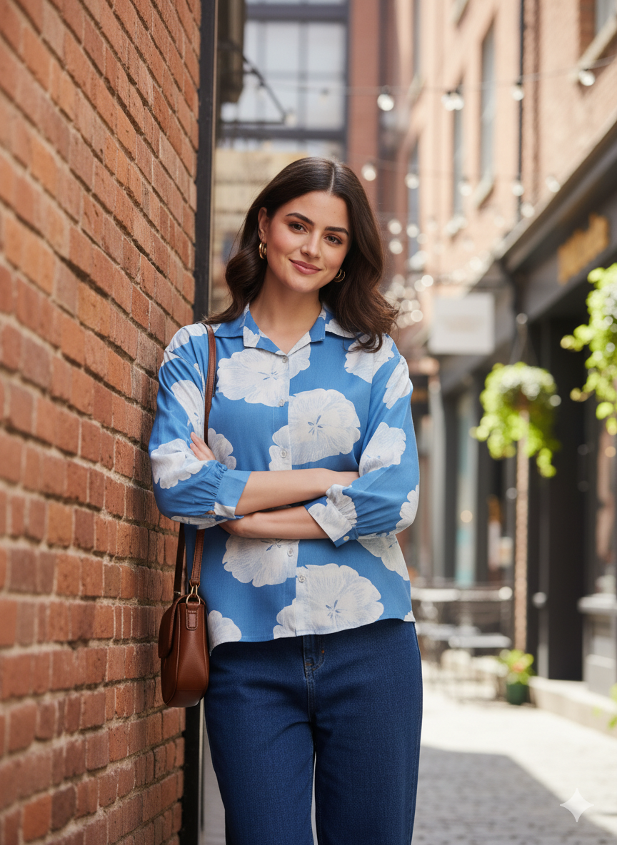 Denim Blue Rayon Print Regular Full Sleeve Shirt