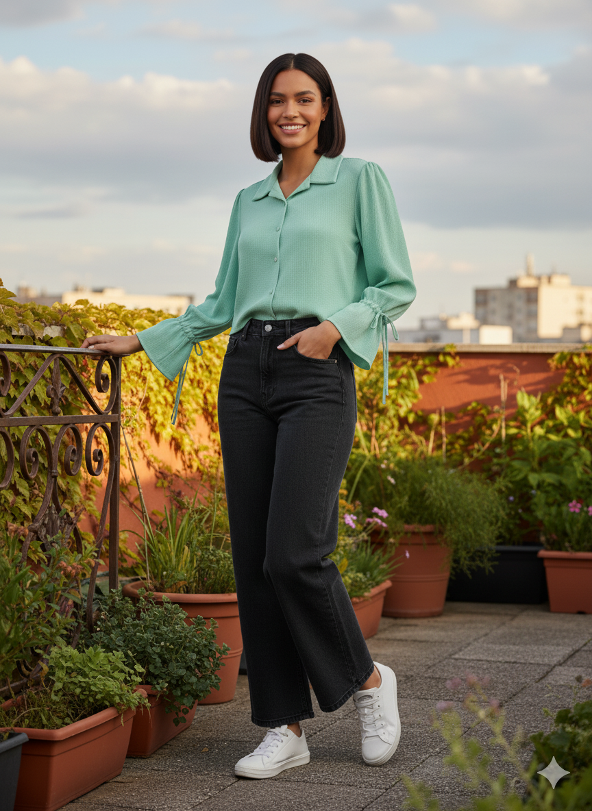 Women's Mint Green Balloon Sleeve Crop Shirt