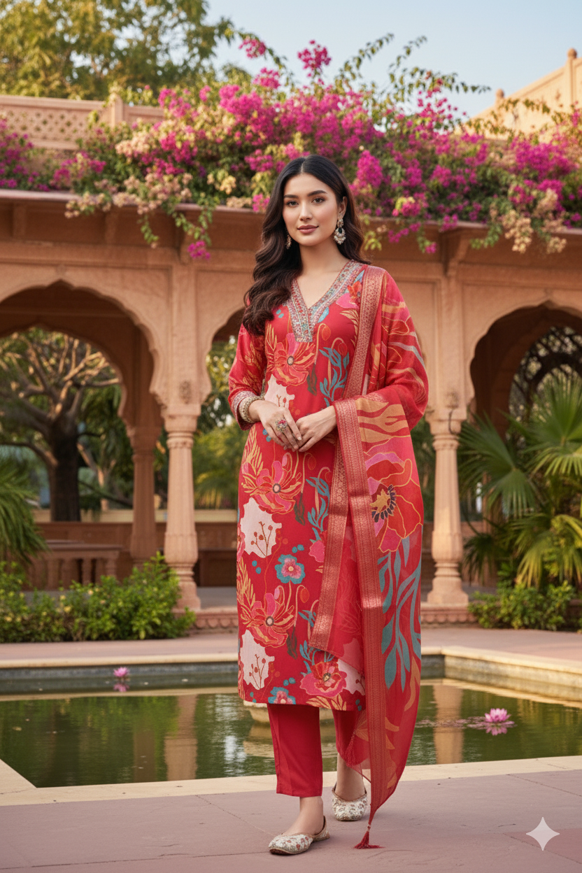 Pink Embroidered Muslin Kurta Duppta Set