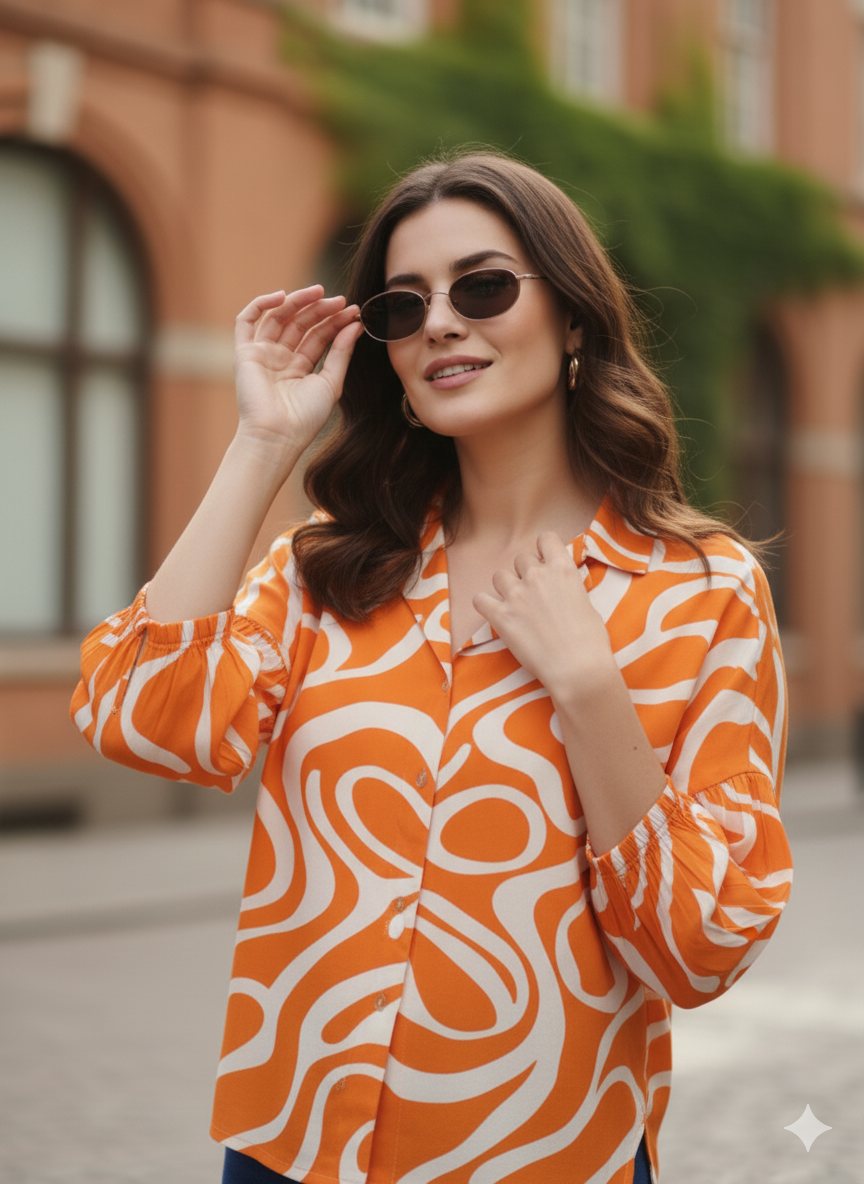 Women's Orange Rayon Printed Regular Shirt