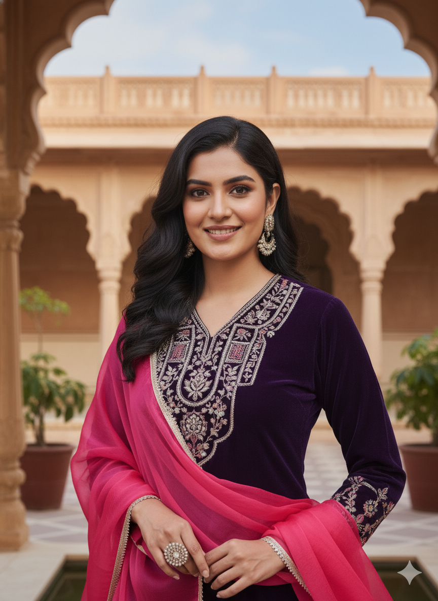 Violet Velvet Embroidered Kurta set with pink Dupatta for women