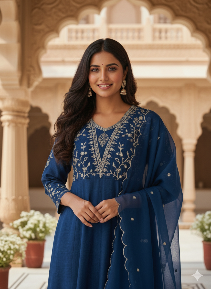 Teal Blue Embroidered Silk Anarkali Kurta With Dupatta Set