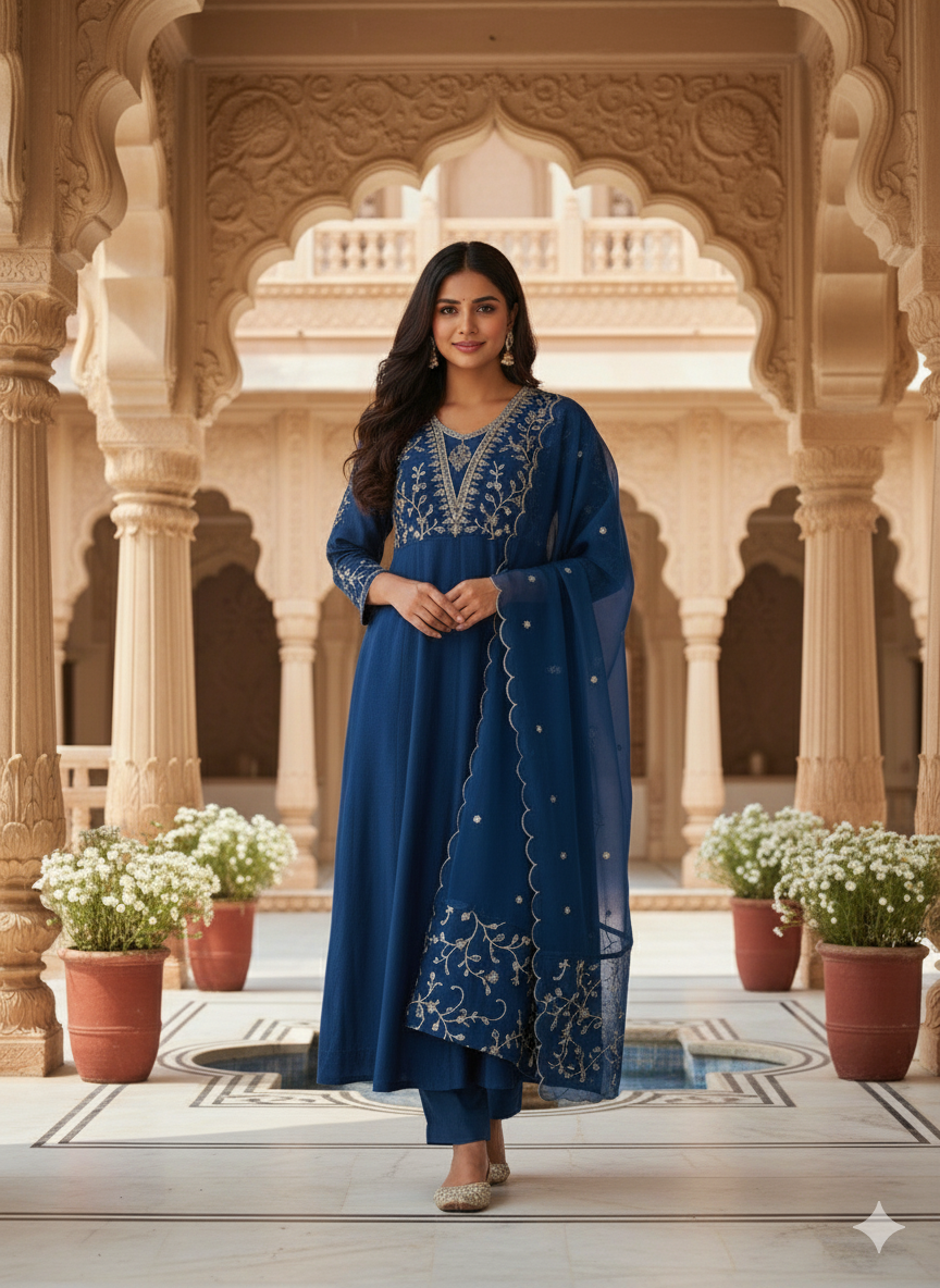 Teal Blue Embroidered Silk Anarkali Kurta With Dupatta Set