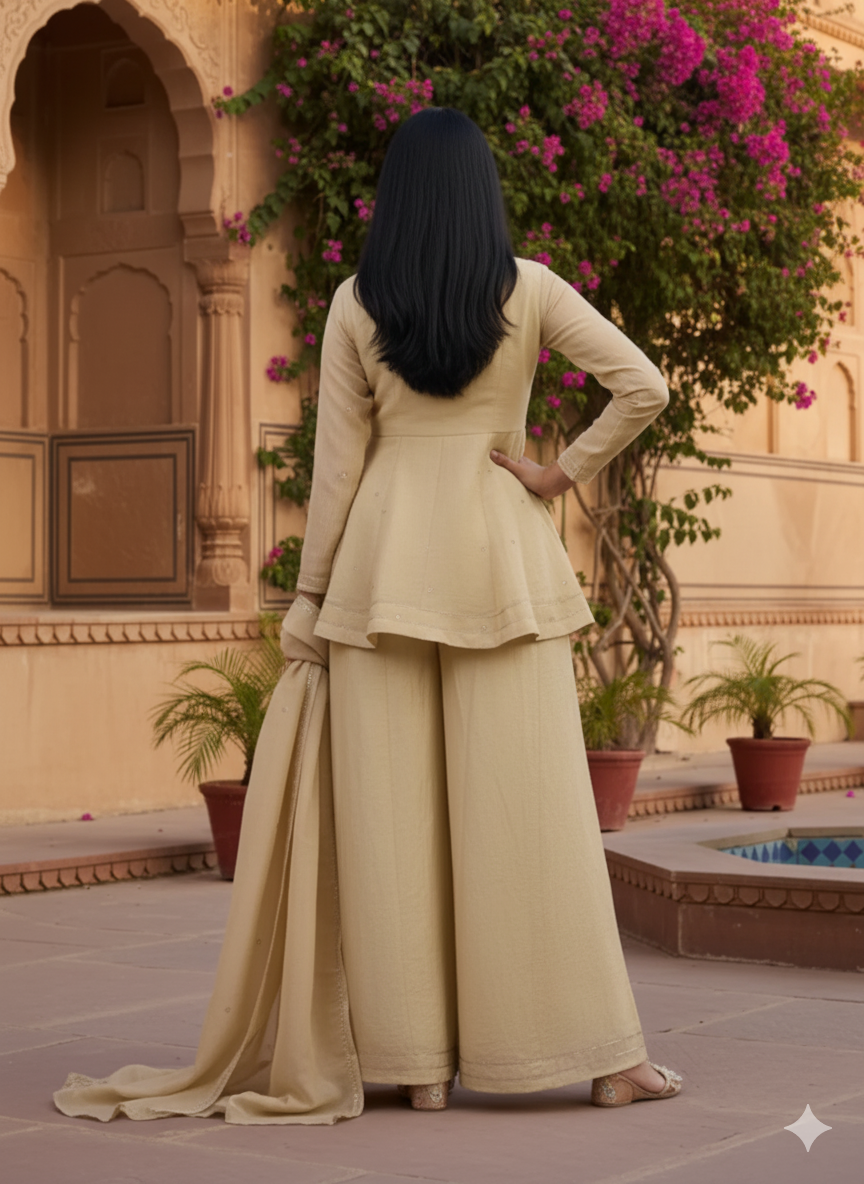 Off White Embroidered Peplum Top with Sharara Set