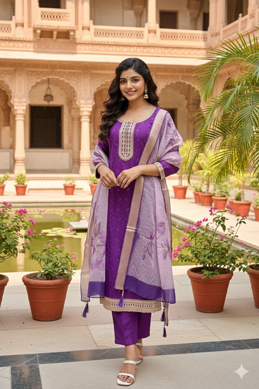 Violet Yoke Design Chinon Straight Suit With Printed Dupatta