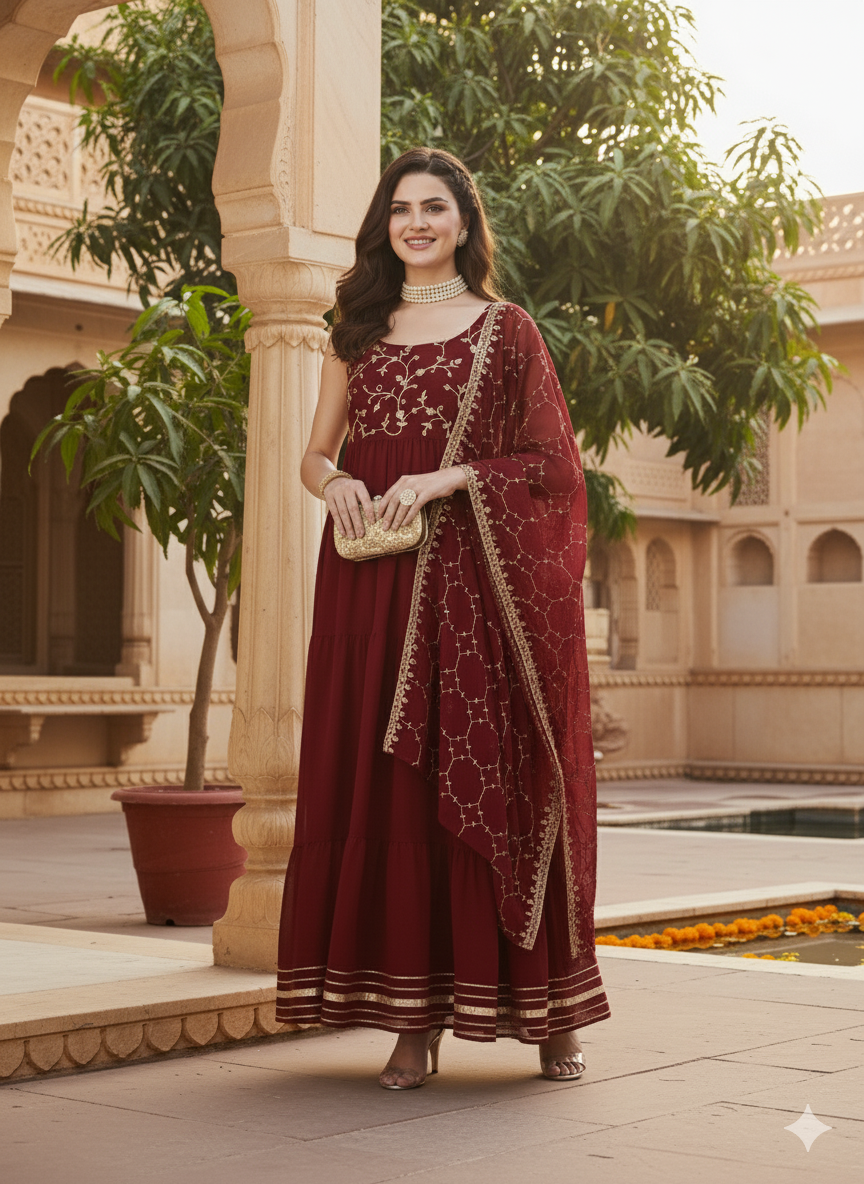 Red Embroidered Tiered Anarkali Kurta with Dupatta set
