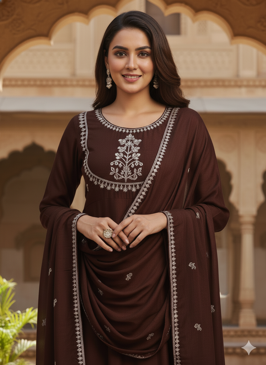 Coffee Embroidered Silk Anarkali Kurta With Dupatta Set