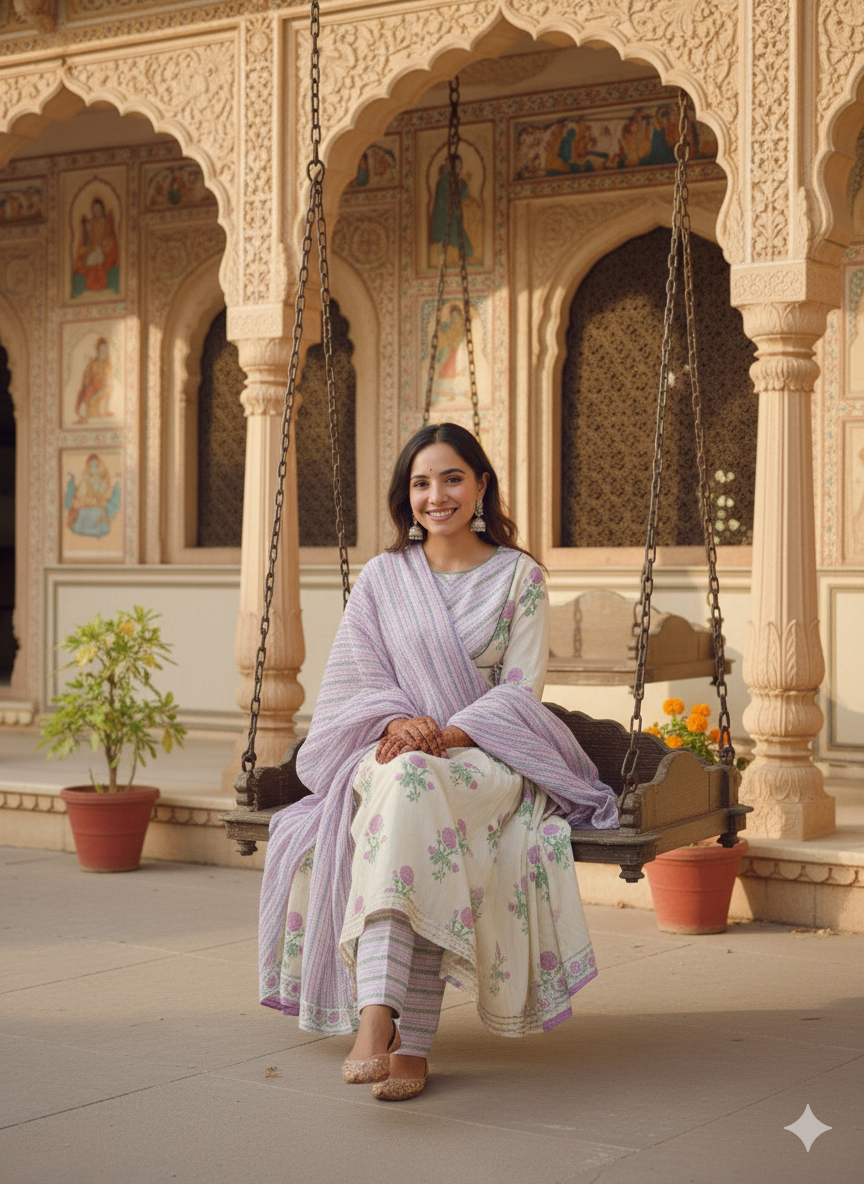 White and Purple Floral Print Cotton Anarkali Kurta With Pants And Dupatta