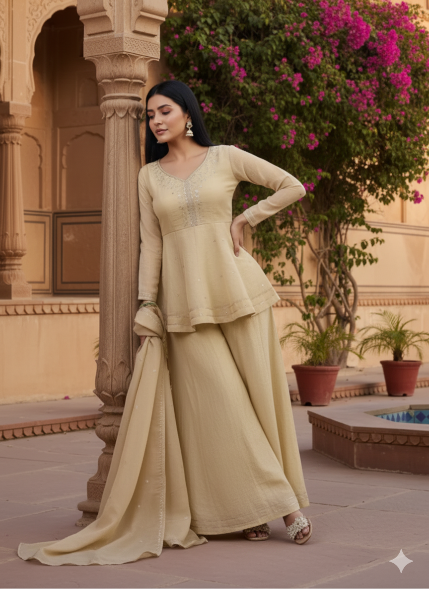 Off White Embroidered Peplum Top with Sharara Set