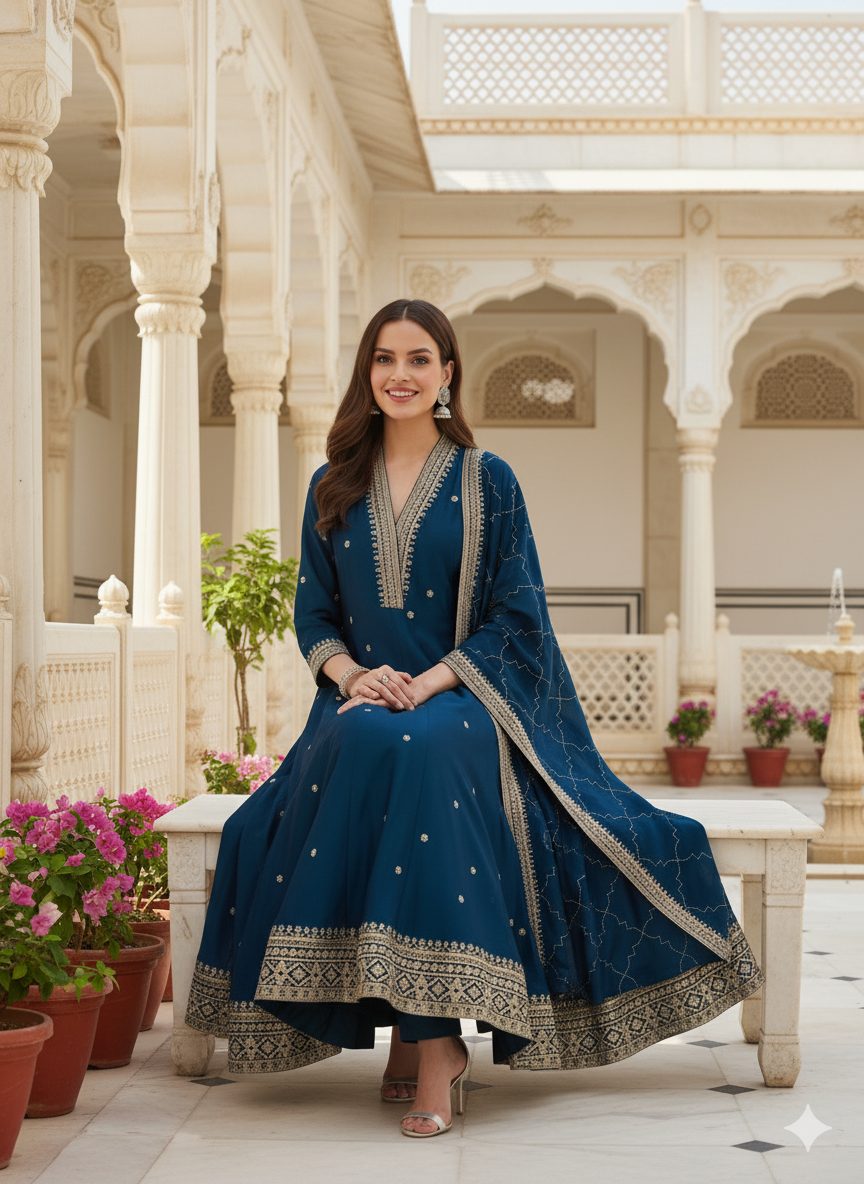 Teal Blue Embroidered Silk Anarkali Kurta With Dupatta Set
