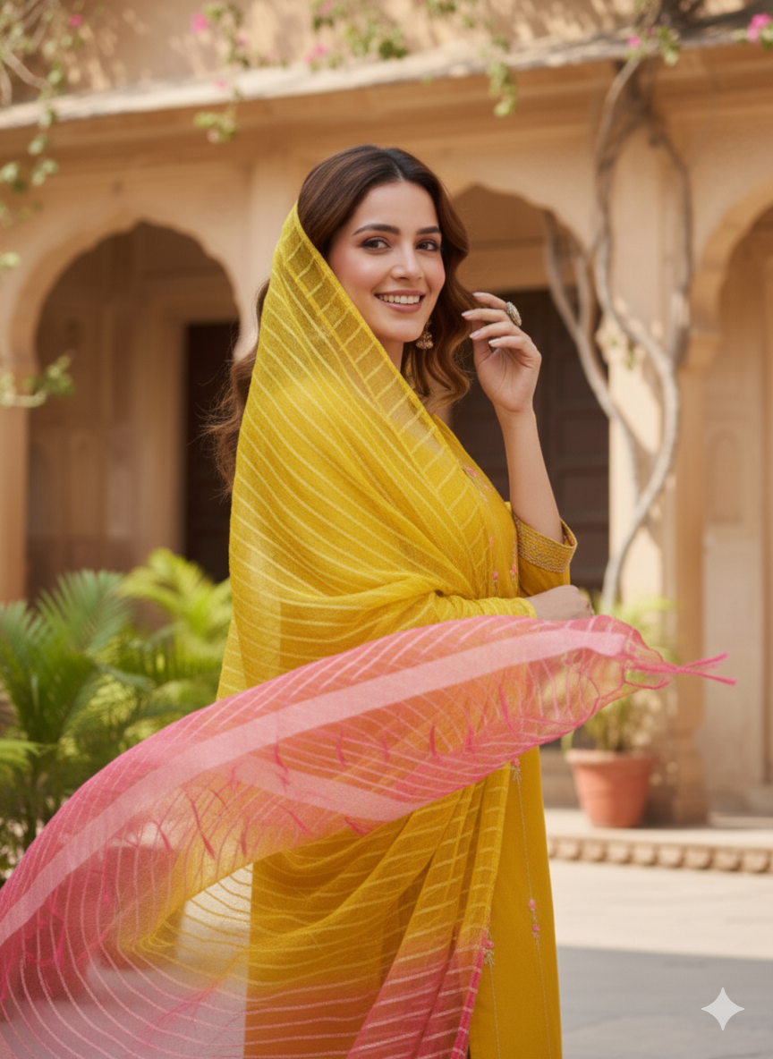 Musturd Embroidered Silk Kurta with Dupatta Set